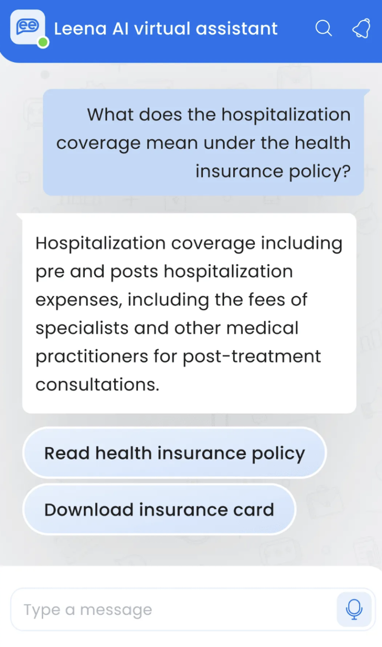 Leena AI chatbot explaining health insurance coverage with quick access to policy and insurance card.